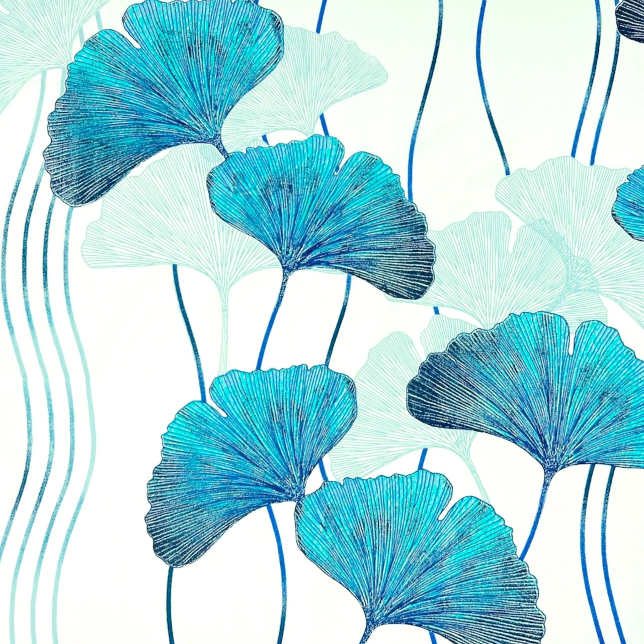 Tissu feuilles ginkgo bleu et turquoise 50x80 cm